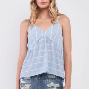Sky Blue & White Striped V-Neck Sleeveless Crop Top with Back Tie Detail