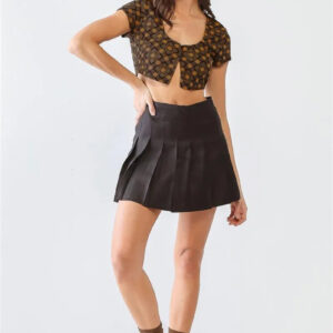 Tan & Black Diamond Print Button Short Sleeve Crop Top
