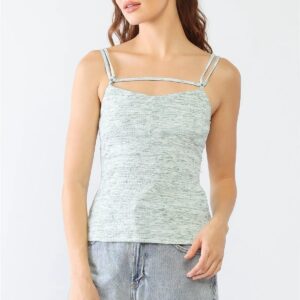 Cream & Green Scoop Neck Ribbed Strappy Top