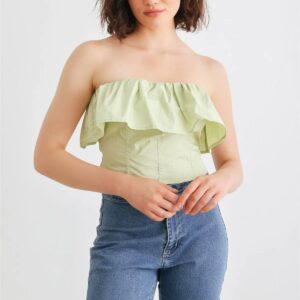 Light Green Cotton Strapless Flared Corset Tube Crop Top
