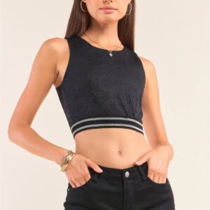 Black Sleeveless Embossed Jacquard Banded Crop Top