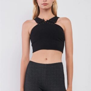 Black Lace-Up Halter Neck Sleeveless Fitted Crop Top