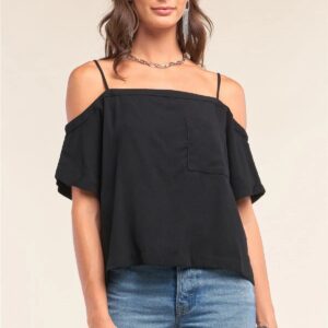 Black Off-Shoulder Square Neck Loose Fit Top with Pocket Detail
