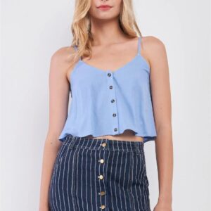 Baby Blue Sleeveless V-Neck Button Crop Cami