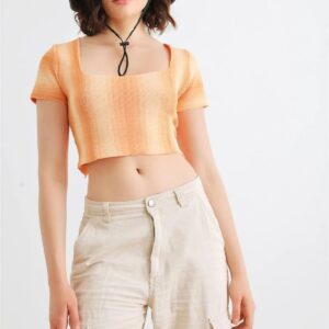 Orange Knit Short Sleeve Square Neck Lace-Up Crop Top