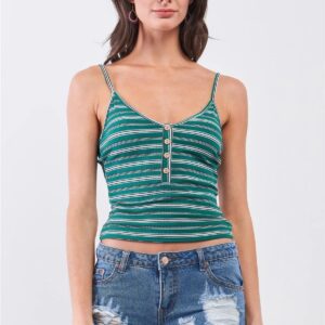 Green Striped V-Neck Sleeveless Button Crop Top