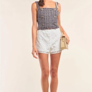 Multicolor Plaid Square Neck Sleeveless Crop Top with Buttoned Trim