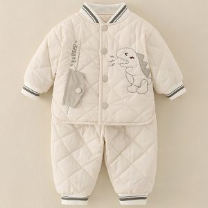 Baby Quilted Winter Outfit Set – Cute Dinosaur Jacket and Pants, Warm Padded Two-Piece Set for Boys & Girls