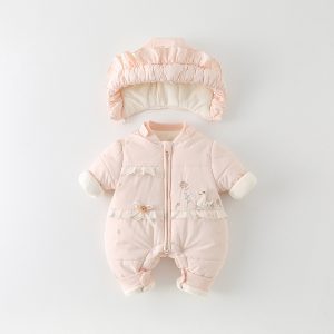 Baby Girl Quilted Romper Set – Winter Padded One-Piece Outfit with Hat, Warm Jumpsuit for Infants