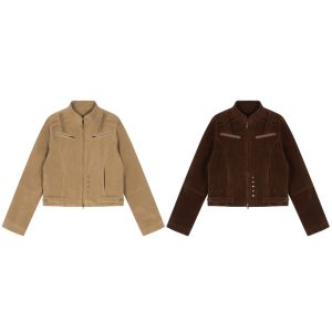 Men’s Suede-Style Jacket – Vintage Stand Collar Zip-Up Short Jacket for Fall & Winter
