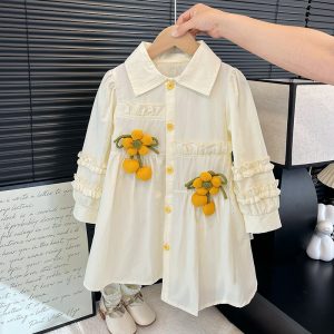 Baby Girl Long Sleeve Dress – French Style Cotton Shirt Dress with 3D Floral Decoration
