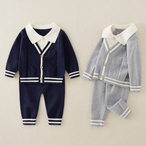 Baby Knitted Outfit Set – Classic Preppy Cardigan & Pants, Autumn Winter Two-Piece Set for Boys