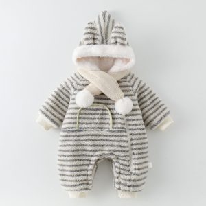 Baby Winter Fleece Romper Set – Striped Hooded One-Piece Snowsuit with Scarf, Warm Outfit for Infants