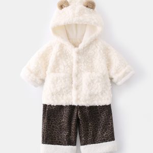 Baby Teddy Fleece Outfit Set – Hooded Jacket with Bear Ears & Leopard Pants, Warm Winter Set for Boys & Girls