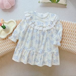 Baby Girl Floral Dress – Long Sleeve Cotton Dress with Ruffle Collar, French Style Princess Dress for Spring & Autumn