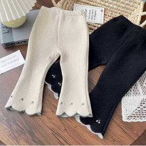 Girls Ribbed Knit Flared Pants – Soft Elastic Leggings with Ruffle Hem, Spring Autumn Pants for Kids