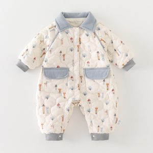 Baby Quilted Winter Onesie – Hoodless Collared Padded Jumpsuit with Castle Print for Boys & Girls