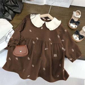 Baby Girl Long Sleeve Dress – Vintage Style Cotton Dress with Peter Pan Collar and Embroidery