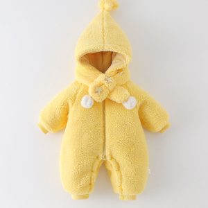 Baby Sherpa Fleece Romper – Winter Warm Hooded One-Piece with Star Scarf, Zip-Up Snowsuit for Infants