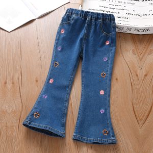 Girls Flared Denim Pants – Embroidered Jeans with Elastic Waist, Casual Bell-Bottom Pants for Kids