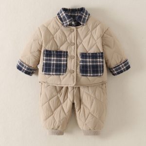 Baby Quilted Winter Outfit Set – Preppy Plaid Jacket & Pants, Warm Two-Piece Set for Boys