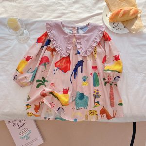 Baby Girl Printed Dress – Long Sleeve A-Line Dress with Peter Pan Collar, Cute Cartoon Dress for Spring & Autumn
