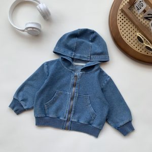 Kids Hooded Zip-Up Jacket – Casual Denim-Style Jacket for Boys & Girls, Spring Autumn Outerwear